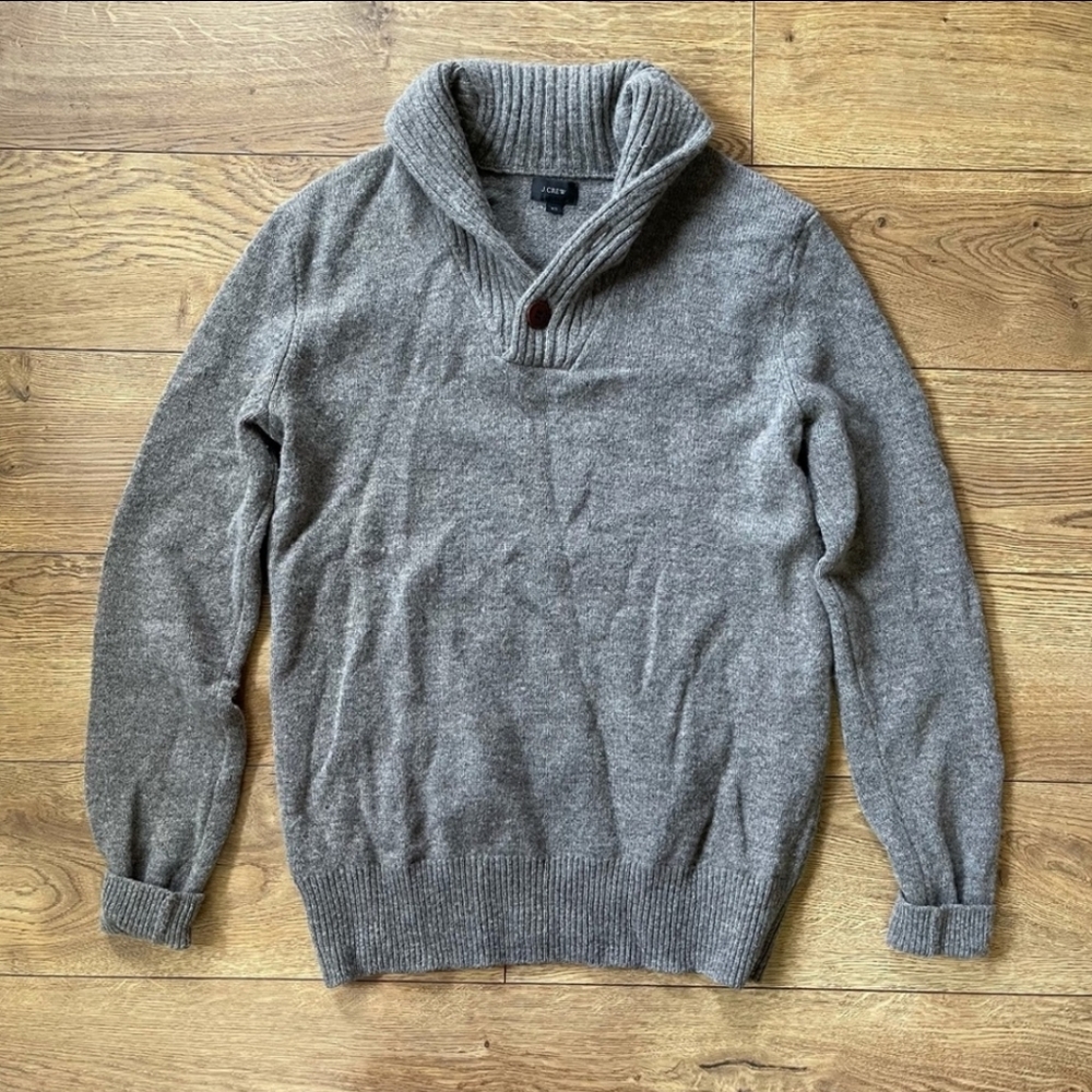 J Crew Lambs Wool Shawl Henley Grey Sweater